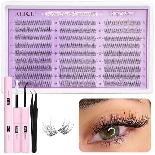 ALICE Natural Lash Clusters Kit - Clear Band Wispy Lash Extension C Curl 11-13mm 162pcs - Individual Lashes With Glue Bond, Seal, and Tweezers for DIY at Home - Image 1