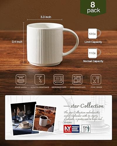 famiware Coffee Mug Set for 8, Star 12 oz Catering Mugs Cup Set with Handle for Coffee, Tea, Cocoa, Milk - Ceramic Stoneware Drinkware Set, Matte White thumbnail 3