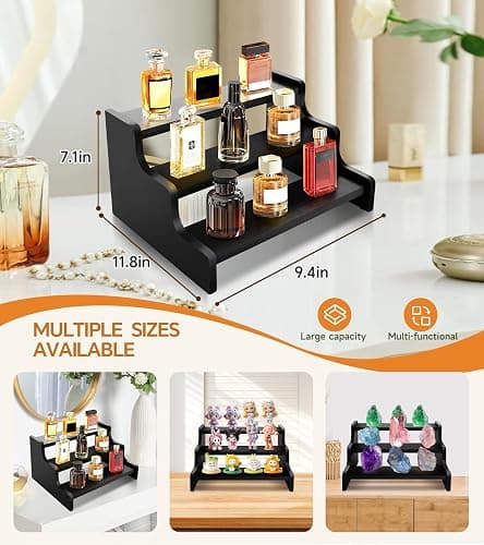 Wooden Cologne Organizer for Men, Perfume Organizer Stand, Cologne Stand with Anti-Slip Washers, Wooden Display Risers Stand for Figures, Fragrances, Dessert, Cupcake, Makeup (Black, 3-tier-9.4in) thumbnail 2