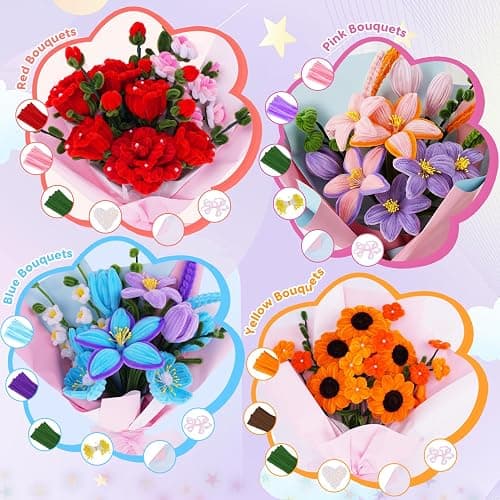 900 PCS Pipe Cleaners Craft, Pipe Cleaner Bulk Flower Kit 14 Colors Chenille Stems Flower Making Kit with Greeting Card, Floral Wires, Tape, Stamen, Floral Wrapping Paper & Ribbon for Art DIY Flowers thumbnail 5