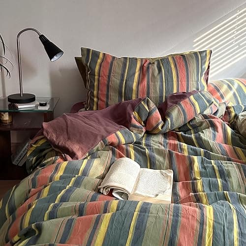 mixinni Vintage Striped Duvet Cover Set Queen Size - 3 Piece 100% Washed Cotton Bedding Set, Soft & Breathable, Colorful Striped Pattern Printed Comforter Cover for All Seasons thumbnail 2