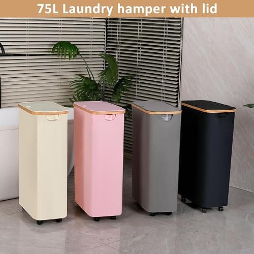 iEGrow 75L Slim Laundry Hamper with Wheels,Clothes Hamper for Laundry,Laundry Basket with Lid & Inner Bag,for Laundry Room, Bedroom, Dormitory Organization,Beige thumbnail 6