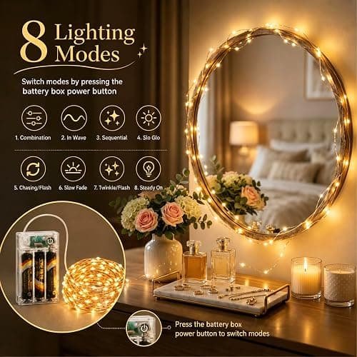 SINAMER 16FT 50LED Fairy Lights Battery Operated (Included), 8 Modes & Time | Waterproof Silver Wire, Mini Twinkle Starry Firefly Lights, For Mason Jars Party Wedding Parties Wreath Decor, Warm White thumbnail 2