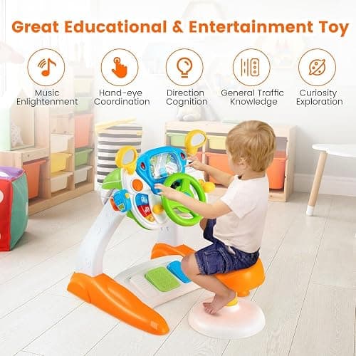 Freestanding Electronic Steering Wheel Driving Simulator Toy With Pedals And Stool, Lights and Sounds Activity Toy for Kids thumbnail 3