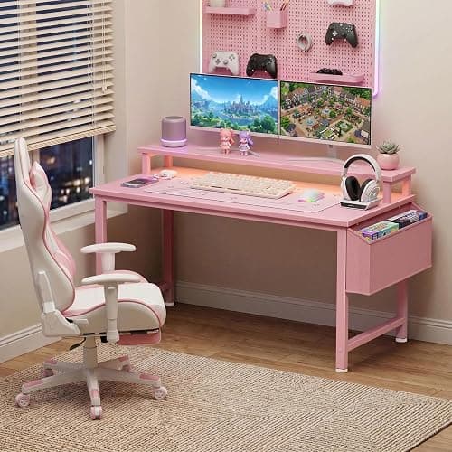 Lufeiya Girls Desk with Power Outlets and LED Lights, 40 Inch Gaming Desk Table with Charging Station, Home Office Computer Desks with Monitor, Pink thumbnail 2