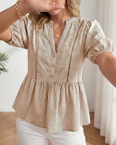 dowerme Womens Summer Tops 2026 Fashion Lantern Short Sleeve V Neck Button Peplum Shirts Spring Stripes Babydoll Blouses thumbnail 6