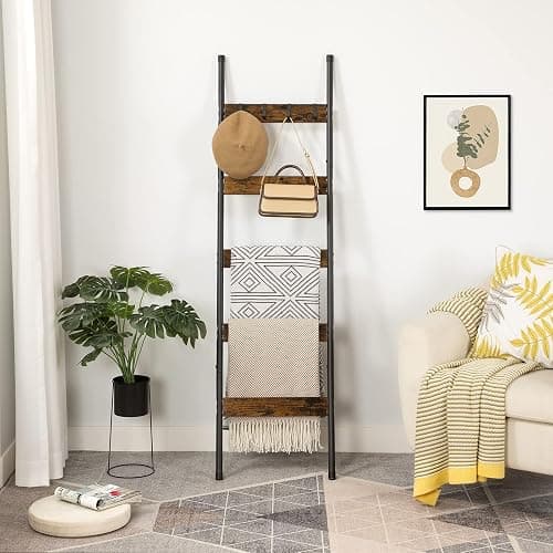 HOOBRO Blanket Ladder, 5-Tier Towel Rack with Hooks, Wall-Leaning Blanket Rack, Decorative Display Ladder Shelf, for Scarves, Industrial, Living Room, Bedroom, Rustic Brown and Black BF52CJ01 thumbnail 4