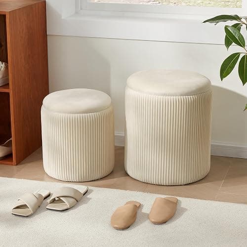 Royal Windsor Round Ottoman with Storage Set of 2, Storage Vanity Stool | Velvet Upholstered Round Storage Ottoman, Ottoman Coffee Table, Small Foot Stool for Living Room & Bedroom, Beige thumbnail 9
