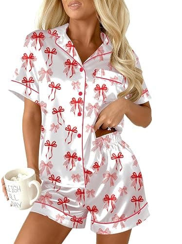 Ekouaer Womens Christmas Pajamas Silk Satin Sleepwear Holiday Matching Pjs Funny Short Sleeve Button Down Nightwear Set S-XXL - Image 1