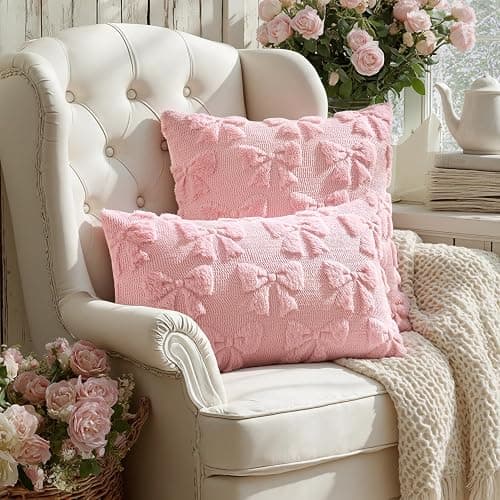 MIULEE Pink Bow Pillow Covers Coquette Room Decor 18x18 | Aesthetic Decorative Cute Girl,Set of 2 Cushion Covers,Soft Plush Faux Pillowcases,Preppy Room Decor Bedroom Couch thumbnail 4
