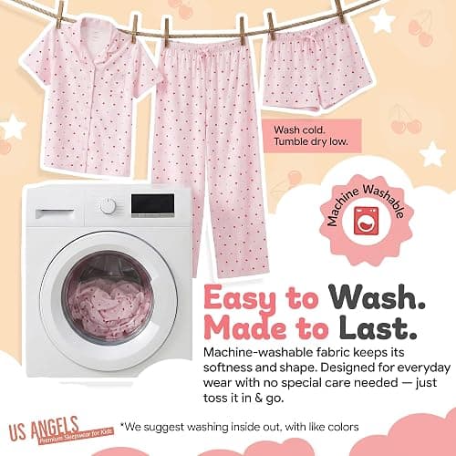 US Angels Girls Pajama Set 3 Piece, Short Sleeve Button Down PJs with Shorts & Pants, Soft Sleepwear Girls & Tweens Size 5-16 thumbnail 6