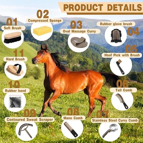 Abbylike 12 Pieces Horse Grooming Kit Racing Festival Tack Room Supplies Horse Brush Sets Equine Care Cleaning Kit Shedding Grooming Massaging Tools(Dark Gray) thumbnail 3