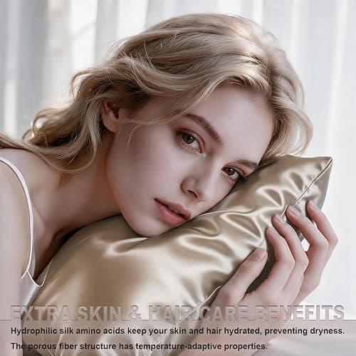 LYSHIN Silk Pillow Cases 2 Pack Standard Size with Zipper, Champagne | 19 Momme Mulberry Silk Pillowcase for Skin and Hair, Anti-Acne, Hypoallergenic, Cooling, Beauty Sleep, Gifts for Women thumbnail 4