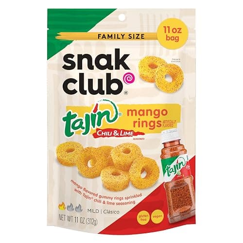 Snak Club Tajin Mango Rings Gummy Candy, Fruit Candy Gummies with Chili and Lime Seasoning, Mild, Gluten-Free and Vegan Snacks, 11 oz Resealable Bag - Image 1