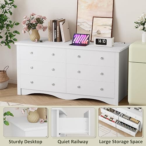 YESHOMY Dresser for Bedroom with Power Outlet,6 Drawers Dresser, Modern Chest of Drawers, Wooden Dressers, TV Stand for Living Room,Closet, Hallway (White) thumbnail 5