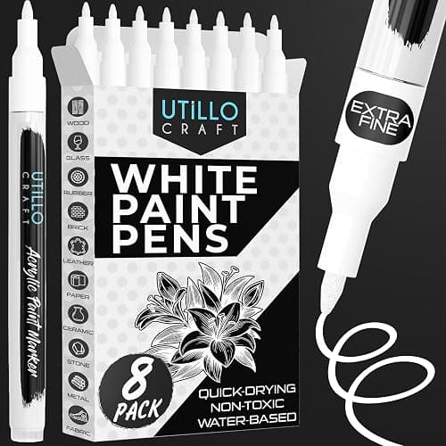 Utillo Craft White Paint Pen (8-Pack), 0.7mm Extra Fine White Paint Markers | Bold Color Permanent White Acrylic Paint Pen for Metal, Fabric, Wood, Glass, Paper, Plastic, Rock, Leather | Artist DIY - Image 1