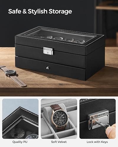 SONGMICS Watch Box, 12-Slot Watch Case Organizer with Large Glass Lid, 2 Layers, Removable Pillows, Metal Lock, Gift for Loved Ones, Black Synthetic Leather, Christmas Gift, Gray Lining UJWB012 thumbnail 5