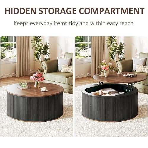 HUAHUU Round Coffee Table with Storage, 31.5" Lift Top Coffee Table, Mid Century Modern Coffee Tables for Living Room, Apartment Office, Fluted Table with Rustic Wood Desktop thumbnail 4