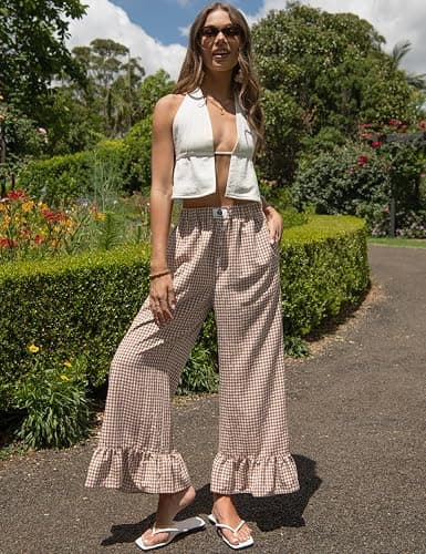 TARSE Women’s Plaid Wide Leg Pants Flared Leg Baggy Drawstring Ruffle Palazzo Pants with Pockets thumbnail 3