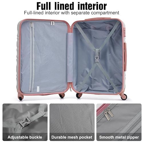 LONG VACATION Luggage Sets 24 in Suitcase Luggage 3 Piece Set, ABS+PC Hardshell Luggage with Spinner Wheels & YKK Zipper TSA Lock for Travel Esssentials (Grey-Pink, 24 INCH) thumbnail 4