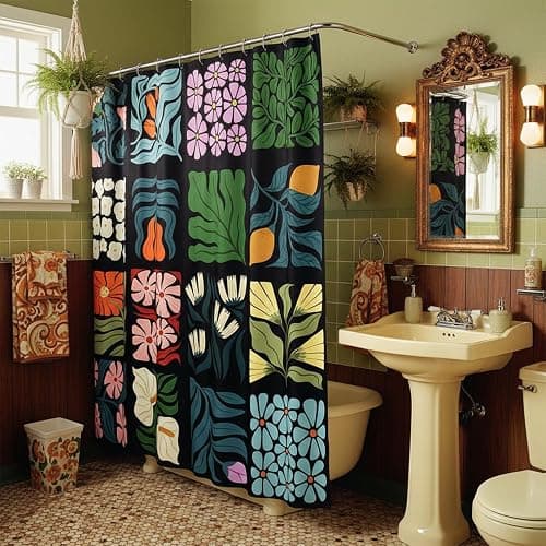 JAWO Retro Shower Curtain Vintage Abstract Cute Boho Floral Shower Curtains for Bathroom Decor Black Blue Botanical Geometric Groovy Aesthetic Pattern Shower Curtain Sets with Hooks, 70X70IN thumbnail 6