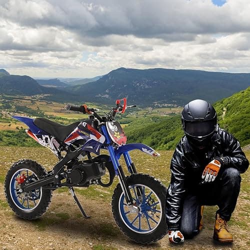 HshDUti 49cc 2-Stroke Gas Powered Motocross Dirt Bike for Kids, Off Road Mini Motorcycle With Front Rear Disc Brakes, Birthday Gifts - Blue thumbnail 4