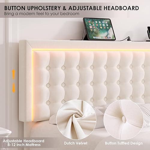 HIFIT Upholstered Full Size LED Bed Frame with Charging Station and 4 Large Storage Drawer, Velvet Button Tufted Full Platform Bed with Adjustable Headboard, No Box Spring Needed, Easy Assembly, Beige - Full thumbnail 5