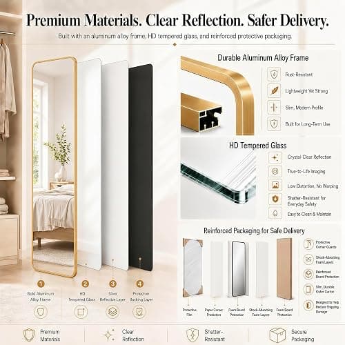 SCWF-GZ 47x14 Full Length Mirror Over the Door Hang or Wall Mounted Gold | HD Clear Tempered Glass,Aluminum Frame Rect Full Body Dressing Make-up Mirrors for Bedroom,Bathroom, Entryway,Living Room thumbnail 9