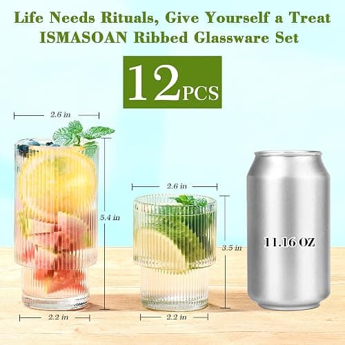 ISMASOAN Ribbed Glassware Set of 12, Glass Cups 12 oz and 7 oz, Fluted Glassware, Stackable Glasses, Cups for Kitchen, Gift Box Set - Stackable Ribbed Surface thumbnail 2