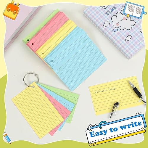 YAGUAO Colored Index Cards 3x5 Inch Flash Cards with Ring Lined Flashcards Note Cards for Studying School Supplies College, 200 Count - Multicolored - 3x5 thumbnail 3