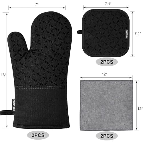 KEGOUU Oven Mitts and Pot Holders 6pcs Set, Kitchen Oven Glove High Heat Resistant 500 Degree Extra Long Oven Mitts and Potholder with Non-Slip Silicone Surface for Cooking (Black) thumbnail 3