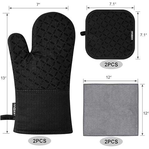 KEGOUU Oven Mitts and Pot Holders 6pcs Set, Kitchen Oven Glove High Heat Resistant 500 Degree Extra Long Oven Mitts and Potholder with Non-Slip Silicone Surface for Cooking (Black) thumbnail 3