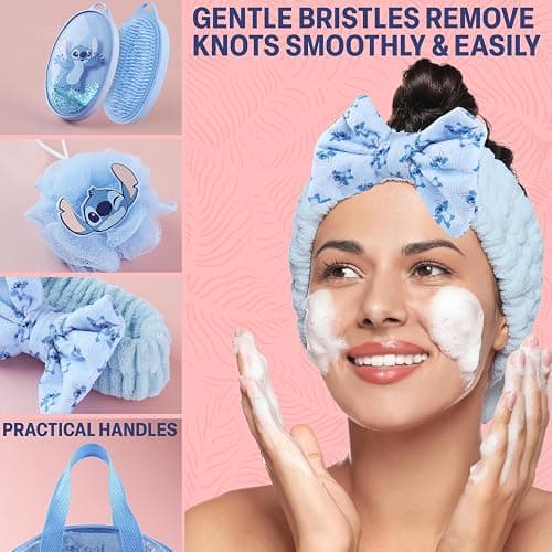 Get Trend Disney Stitch Shower Accessories Set and Clear Toiletry Bag for Girls, Teens, Women with Shower Cap Headband Bath Sponge for Bath Spa Gifts (Blue Stitch) thumbnail 2