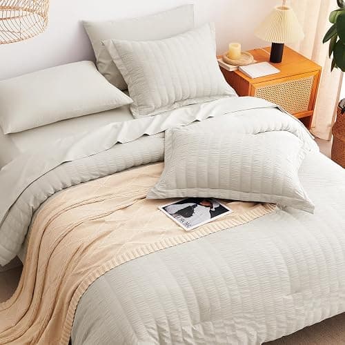 CozyLux Queen Comforter Set Beige Seersucker 7 Pieces Bed in a Bag Queen Comforter Set with Sheets, Luxury Soft Bedding Set with Down Alternative Comforter, Sheets, Pillowcases & Shams for All Seasons thumbnail 4