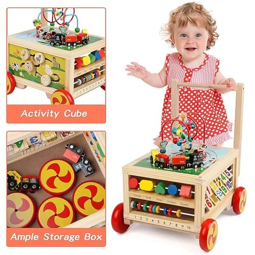 Wooden Activity Cube 7-in-1 Montessori Toys for 1+ Year Old Boys Girls Educational Learning Toys for Toddlers Age 1-2 One Year Old First Birthday Gift Bead Maze Magnetic Trains Track Shape Sorter thumbnail 5