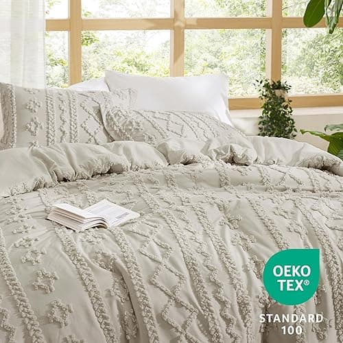Bedsure Tufted Boho Comforter Set Queen Size - Linen Boho Bed Set, GentleSoft™ 3 Pieces Farmhouse Shabby Chic Embroidery Bedding, Gifts for Woman, Soft Jacquard Queen Comforter for All Seasons thumbnail 7