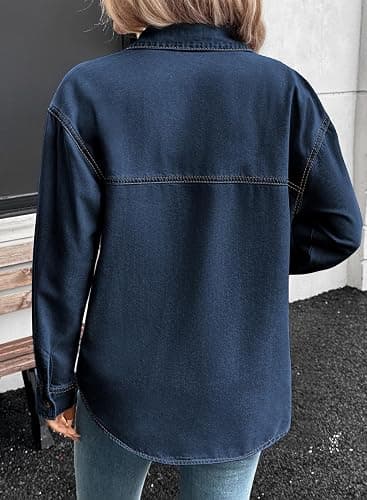 Sidefeel Women Denim Shirts Oversized Long Sleeve Button Down Blouse V Neck Casual Top Shackets thumbnail 2