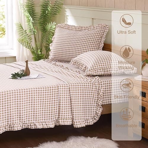 kisswish Gingham Queen Sheet Set, Lightweight Super Soft Brushed Microfiber Plaid Bed Sheets with 16" Deep Pocket, 4 Piece Ruffle Farmhouse Bedroom Decor, Taupe thumbnail 2