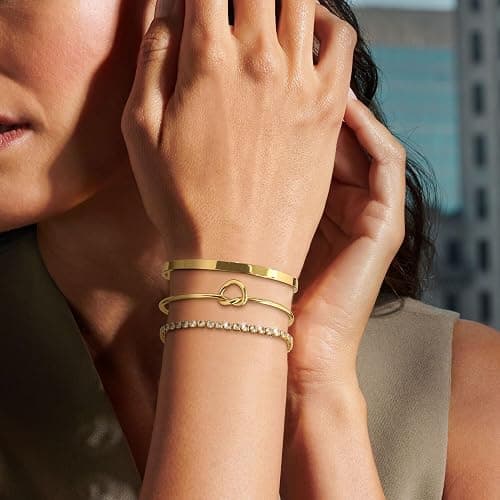 Zalcon Gold Bangle Cuff Knot Bracelet for Women Stack Non Tarnish 14k Gold Plated Dainty Cubic Zirconia Tennis Bracelets Jewelry Set for Women Trendy - style 01 thumbnail 3