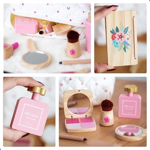 UMU® Wooden Pretend Makeup Kit for Toddlers – Realistic Toy Beauty Set for Girls with Lipstick, Mirror, Perfume, Powder & Cosmetic Bag – Play Makeup for Kids Ages 3 4 5 6 thumbnail 5
