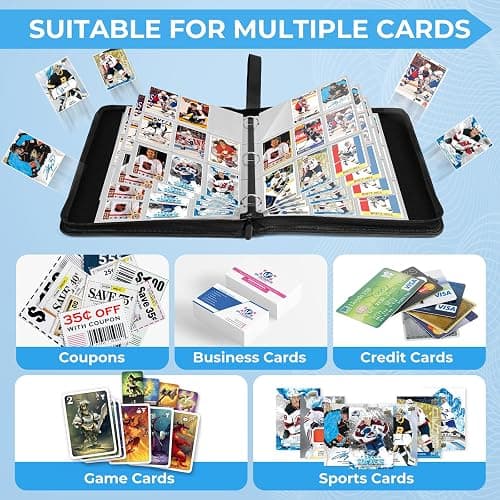 DSCD 9 Pocket Card Binder: 900 Zipper Double Sided Sports & Trading Card Collector Album with 50 Removable Sleeves - Kids Card Holder for TCG NHL Baseball Football Hockey Games (Black） thumbnail 6