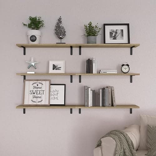 WOPITUES Wood Floating Shelves Set of 6, 24 inch Long Floating Shelves for Wall Decor, Farmhouse Shelf for Bedroom, Bathroom Storage Shelves, Book Shelves for Living Room - Rustic Brown thumbnail 6
