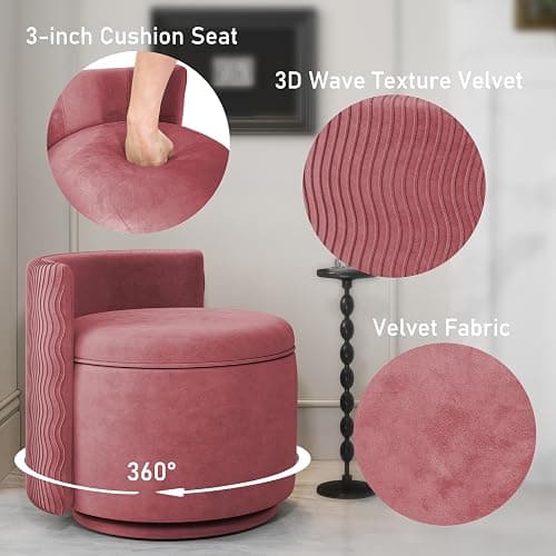 allamazing 360° Swivel Accent Chair with Storage, Vanity Stool with Back, Velvet Storage Ottoman, Upholstered Round Barrel Vanity Chair for Living Room, Makeup Room, Bedroom (Dusty Rose) thumbnail 7