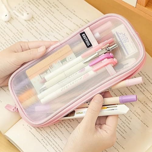 EASTHILL Grid Mesh Pen Pencil Case with Zipper Clear Makeup Color Pouch Cosmetics Bag Multi-Purpose Travel School Teen Girls and Boys Transparent Stationary Bag Office Organizer Box for Adluts(Pink) thumbnail 2