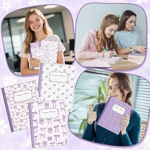 Lebsitey 6 Pack Purple Bow Composition Notebooks, Cute Preppy Coquette Notebook, 9-3/4 x 7-1/2" Aesthetic College Ruled Journal, Back to School Gifts Preppy School Supplies, 110 Pages thumbnail 7