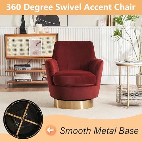 LUCKHAO Swivel Barrel Chair Set of 2,Modern Velvet Upholstered Round Swivel Accent Chairs with Tall Backrest,360 Degree Single Sofa Chair Armchair for Living Room, Brownish Red thumbnail 3
