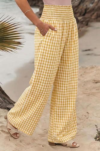 Dokotoo Women's Fall Gingham Wide Leg Casual Pants 2026 | High Waisted,Maternity Trousers,Lounge Palazzo Pants,Elastic Wasited,Boho Beach Clothes with Pockets,Home,Office with Pockets thumbnail 3