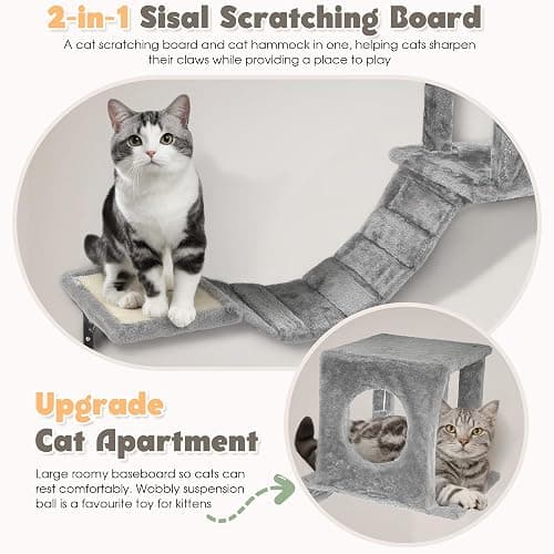 NUNU LAB Wall Mounted Cat Wall Shelves, 14-in-1 Cat Wall Climber with Bridge, Tunnel, House, Scratcher, Steps, Indoor Space-Saving Furniture for Kittens Play, Gray thumbnail 2