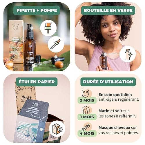 BIONOBLE Huile d'Argan Bio 100% Pure, Pressée à Froid au Maroc - Répare et Nourrit, Anti-Âge - Huile Argan Cheveux, Visage, Corps - Vegan, Sans Hexane - Flacon Verre avec Pipette et Pompe - 50ml thumbnail 4