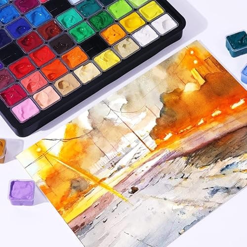 HIMI Gouache Paint Set, 56 Colors x 30ml Include 8 Metallic and 6 Neon Colors, Unique Jelly Cup Design in a Carrying Case Perfect for Artists, Students, Gouache Opaque Painting thumbnail 2
